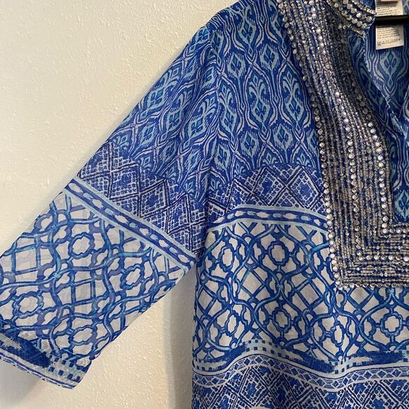 Boho L Blue Tunic Blouse AOP Bohemian Hippie Colorful Bright Bold Phoebe UB-31 - Picture 4 of 8